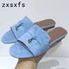 Slippers Kid Suede Mules Metal Lock Decore Slip Sexy Slip On Peep Toe Flat Shoes para mulheres Slides casuais senhoras verão 230417