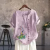 T-shirts pour femmes Mode d'été Femmes Dessin animé imprimé à manches courtes Chemise à col rond Dames Coton Lin Bouton Top Lâche Plus Taille