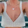 Women's Tanks Camis Pearl Fishnet Hollow Out Camisole Elegant Lady Summer Beach Holiday Cover-ups Chic Women Sexy Sleeveless Backless Crop Top Vest T230417