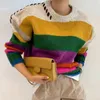 Damenpullover Chic Vintage Kontrast Übergroßer Sueter Fairy Grunge Pullover O Neck Rainbow Winter Gestreifter Strickpullover Damen 231116