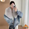 Femmes fourrure fausse européenne hiver luxe renard grand col Denim doudoune courte décontracté blanc oie chaud femmes Parka 231116