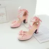 Sandalen Größe 30-43 Pu-Leder Damen Bow Pink White Heel Cross Strap Lolita Schuhe