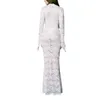 Vestidos casuais básicos femininos vestido longo cabido manga comprida decote em v transparente vestido de noite renda floral vestido de festa 231116