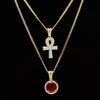 Ciondolo croce con strass egiziano Ankh Key of Life con pendenti rotondi in rubino rosso collane Set gioielli Hip Hop da uomo2954