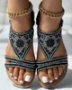 Sandalen Damen Strass Tribal Blumenmuster Sommer Strand Bohemia Sheos Gladiato Damen Crystal Flat Peep Toe