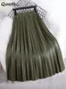 Skirts Qooth Women Autumn Midi PU Faux Leather Pleated Skirt Elegant Vintage Elastic High Waist Long A-line Skirt QT1907 230417
