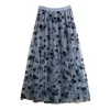 Skirts Guilantu Summer Mesh Print Floral Long Skirt Women Clothes Elastic High Waist Casual Pleated Vintage Mid-calf Tulle Skirts Woman 230417