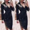 Casual Kleider Frauen Langarm Herbst Frühling PU Kleid Sexy Bodycon Midi Slim V-Ausschnitt Damen Schwarz Leder Bleistift