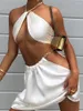 Casual Dresses Abdieso White Satin Backless Sexy Summer Prom Party Women Outfits 2023 Cut Out Halter Crop Top och minikjol Set Beach