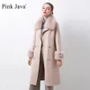 Femmes mélanges rose Java QC20068 arrivée femmes manteau d'hiver avec cachemire véritable col de fourrure manchette 231117