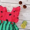 Rompers Born Infant Baby Girls Romper 2 Pcs Outfits Watermelon Print Design Square Neck Sleeve Jumpsuits Headband