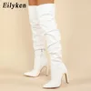 Botas Eilyken Plissado Coxa Botas Altas Moda Pointed Toe Zip Feminino Stiletto Salto Quadrado Design Branco Preto Marrom Sapatos Femininos 231117