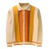 Polos masculinos de gola virada casual de colarinho outono tricô pólo camisa masculina moda listra de cor slim tops gelo tricô de seda camisetas 230417