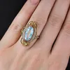 Solitaire Ring Huitan Vintage Two Tone Flower Design Finger Rings for Women Inlaid Sky Blue Stone Aesthetic Jewelry Party Surprise Gift 231117