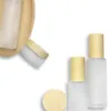 Nieuwe matglas crème pot met plastic geïmiteerde houten deksel make -up lotion pot spuitpomp fles 30 ml 60 ml 60 ml 80 ml 100 ml 120 ml