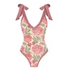 Swim Wear Lanswe Retro Print Deep v Peony Onepiece Swimsuit Onepiece Women SMOCK SWIMWEAR TWOPIECE SUIT Summer Beach Wear Brasilien 230417