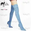 Bottes Femmes bout pointu sur les bottes au genou bleu daim grande taille talons hauts automne fête femme chaussures discothèque mince cuissardes T231117
