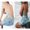 Casual Kleider 2023 Frauen Ärmelloses Spaghettiträger Minikleid Sommer Angel Print Slash Neck Bandage Elegant Short Party