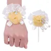 Decorative Flowers Korean Bride Wrist Corsage Ribbon Rhinestone Artificial Flower Sisters Party Wedding Dress Accessories XH042