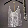 Débardeurs pour femmes Camis Sexy Club Chaînes en métal Paillettes Halter Camisole Femmes Mini Perles Réservoir Lâche Dos Nu Or Métallisé Brillant Bretelles Gilet Party Tops T230417