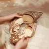 Klänningskor Luxury Gold Silver Sequins High Heels Pumpar Kvinnor Pekade tå Ankel Straps Wedding Shoes Woman Thick Heeled Party Shoes 231116