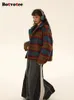 Kadın Yün Karışımları Botvotee kontrast renk eklenmiş ekose ceket kadınlar 2023 vintage uzun kollu gevşek ceketler şık çevirme yaka ceketler 231116