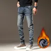 Heren Jeans Fleece Mannen 2023 Winter Vintage Elastische Slanke Dikke Warme Fluwelen Broek Mode Koreaanse Mannelijke Pluche Stretch Denim broek 231117