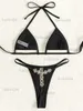 Dambadkläder 2023 Shiny Crystal Diamond Bikini Dam Baddräkt Triangelbaddräkt för kvinnor Två delar Bikiniset Micro String Baddräkt T230417