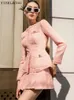 여자 2 조각 팬츠 핑크 트위드 재킷 스커트 슈트 패션 슬리밍 전문가 세트 가을 겨울 클래식 2 조각 231116