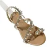 Sandalen 2023 Zomer Women Flat Luxury Pearls Bridale Trouwschoenen Lace Bloemen Bloemen enkelriem strand Roman Slippers