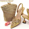 Dress Shoes Shoes and Bag Set for Women Gold Color Embroidery Rhinestone Tip High-Heeled Sandals Wedding Shoe for Ladies Pumps 231116