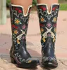 Laarzen BONJOMARISA Merk Cowboy Borduren Bloemen Westerse Laarzen Voor Vrouwen Slip Op Mid Kuit Laarzen Vrouw Casual Design Schoenen Vrouw T231117