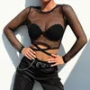 Damen T-Shirts Marke Damen Mesh Goth Langarm Netztops Durchsichtig Bandage Crop Top Damen Sommer Strandbekleidung
