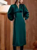 Sıradan Elbiseler 2023 Kış Baharı Kadın Saten Midi Elbise Zarif Ofis Uzun Kol V Yez Katı Yeşil