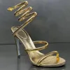 Gouden sandalen Designer schoenen Rene Caovilla Dames Stiletto hakken Kristal Strass kronkelende voetring 10CM hoge hakken smalle band Ontwerpers Sandaal 35-43 met doos