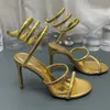 Guldsandaler Luxur Designer Stiletto Heel Womens Shoes Crystal Rhinestone Twining Foot Ring 10cm High Heeled SMROW BAND SANDAL 35-40