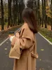 Женское полушерстяное элегантное длинное шерстяное пальто с боковым разрезом и поясом, осень-зима, модная шикарная верхняя одежда с однотонными рукавами, женское повседневное пальто 231116
