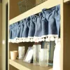 Curtain American Style Blue Half Curtains Pom Ball Tube Coffee Short For Bar Kitchen Cabinet Door Drapes Valance