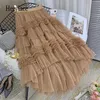 Skirts Fall Winter Sweet Cake Layered Long Mesh Skirts Princess High Waist Ruffled Vintage Tiered Tulle Pleated ins Skirts 230417