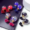 1 paio di moda carino donna ragazza elegante squisito orecchio stud zircone cristallo tre fiori rosa sfera di vetro doppi lati orecchini orecchini orecchini doppio zircone