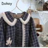 Women's Down Parkas Vintage Plaid Kawaii Parkas Winter Japanese Mori Girl Peter Pan Collar Long Fleece Jacket tjock varm bomull vadderad kappa 231116