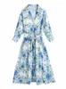 Casual Dresses Woman Blue Print Satin Shirt 2023 Spring Female National Style Long Ladies Floral Lacing Beach Dress
