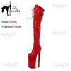 Boots Nightclub Gothic Platform Women Shoes Pole Dancing Boots 26cm High Sexy Stripper Red Over The Kne High Heels Three Belt Buckle T231117