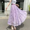 Saias wtempo longas saias maxi para mulheres primavera verão verão coreano Princesa fofa elástica elástica de cintura A-line Saias de renda floral casual 230417