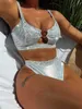 Kadın Mayo Bikini 2022 Seksi Şerit Pullar Yüksek Bel Mayo Mayo Kadın Bikinis Seti Mayo Takım Yeni Bikini Kadın Push Up Metal Hoop T230417