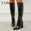 Boots Liyke Spring Autumn Motorcycle Women Pointed Toe Zip Knee High Boots Fashion Pink Snake Print Square Heels Party Long Shoes Lady 231116