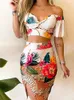 Women's Jumpsuits & Rompers Elegant Floral Print Two Piece Suits Summer Sexy Strapless Crop Blouse And Bodycon Slit Skirt Sets Women Fashion