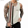 Herrtankstoppar manlig randig tryck Vest Tank Tops Summer Casual Round Neck Sleeveless Shirt Män Fitness Vest Singlet Sportwear Workout Tankop T230417