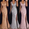 Casual Dresses Sexig paljettklänning för kvinnor Prom Party Split Fork Bodycon Solid Gold Evening Bridesmaid V Neck Long Robecasual