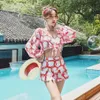 Spring Three Piece Swimsuit Women Conservative Split Skirt Sexy Small Chest Gather Thin Bikini Swim Wear235Y